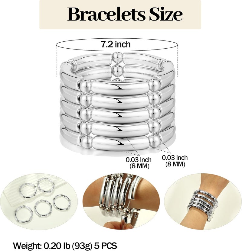 Badu Gold Chunky Bangles Bracelets For Women 14k Gold Plated Stack Layered Curved Bamboo Tube Stretch Bracelets Gift Jewelry - Image 2